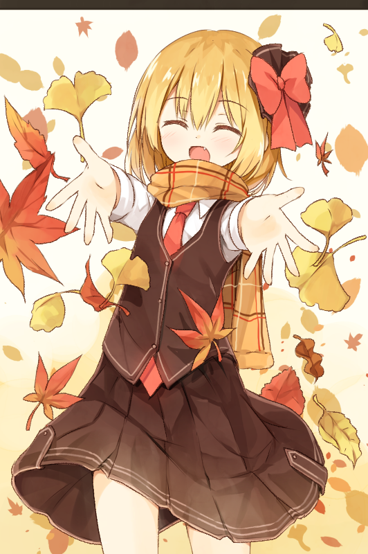 1girl, :d, ^_^, autumn_leaves, black_ribbon, black_skirt, black_vest, blonde_hair