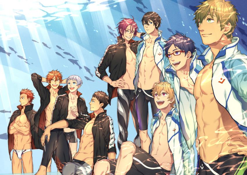 6+boys, adonis_belt, arms_behind_head, black_hair, blonde_hair, blue_eyes, blue_hair, blush