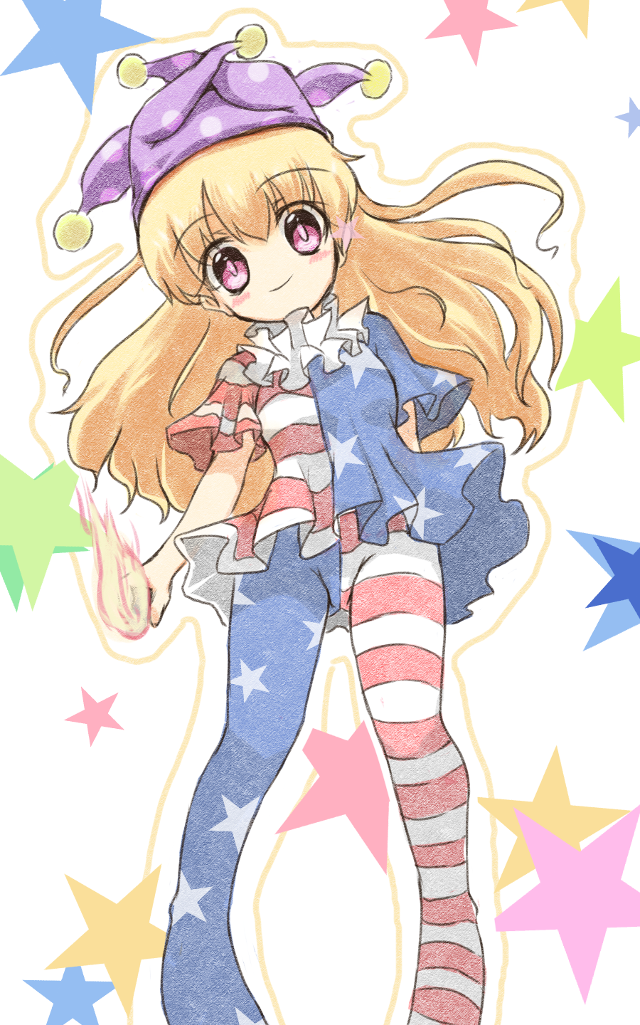 1girl, american_flag_dress, american_flag_legwear, blonde_hair, breasts, clownpiece, dress, hat