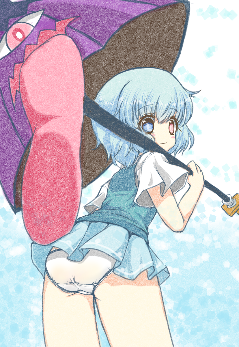 1girl, ass, blue_eyes, blue_hair, blue_skirt, commentary_request, highres, karakasa_obake