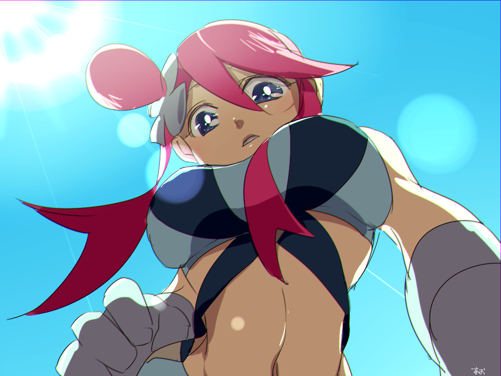 1girl, ao_(batsumaruha_to), blue_eyes, blue_sky, breasts, from_below, fuuro_(pokemon), gloves