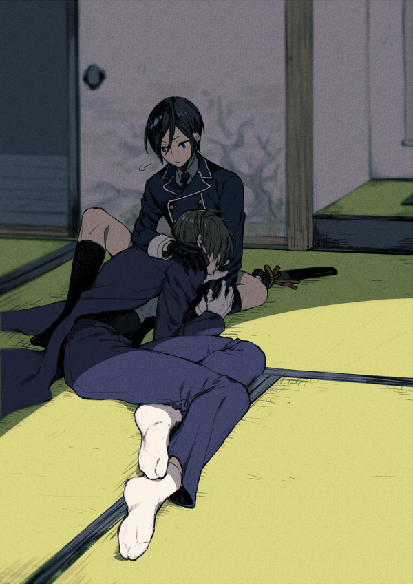 2boys, black_gloves, black_hair, black_legwear, black_necktie, closed_eyes, comforting, crying