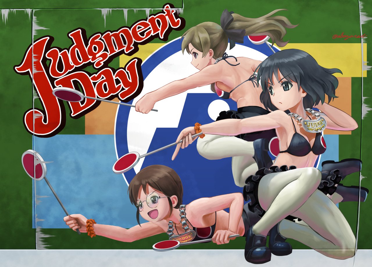 3girls, abazu-red, bikini_top, black_hair, black_shoes, black_skirt, bracelet, breasts