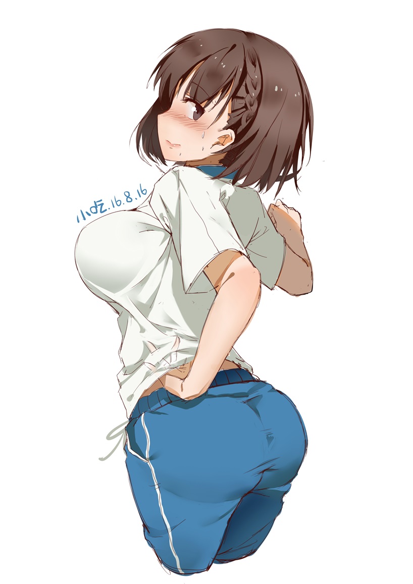 1girl, 2016, ai_(himura_kiseki), blue_pants, blush, braid, breast_squeeze, breasts