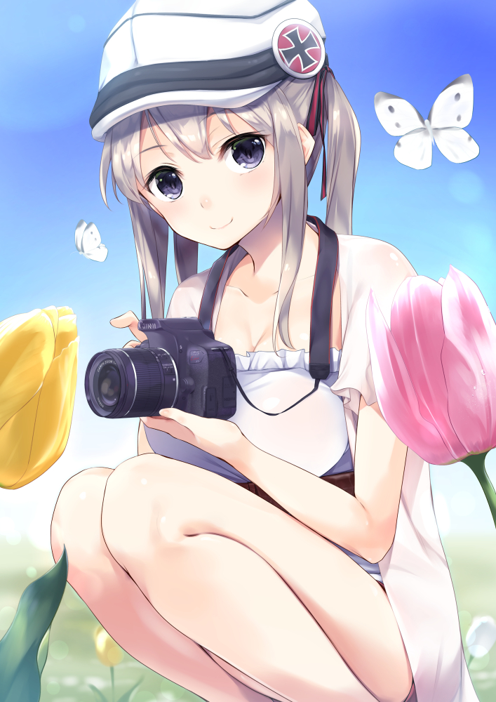 1girl, alternate_costume, alternate_headwear, animal, bare_legs, bent_knees, blonde_hair, blue_sky