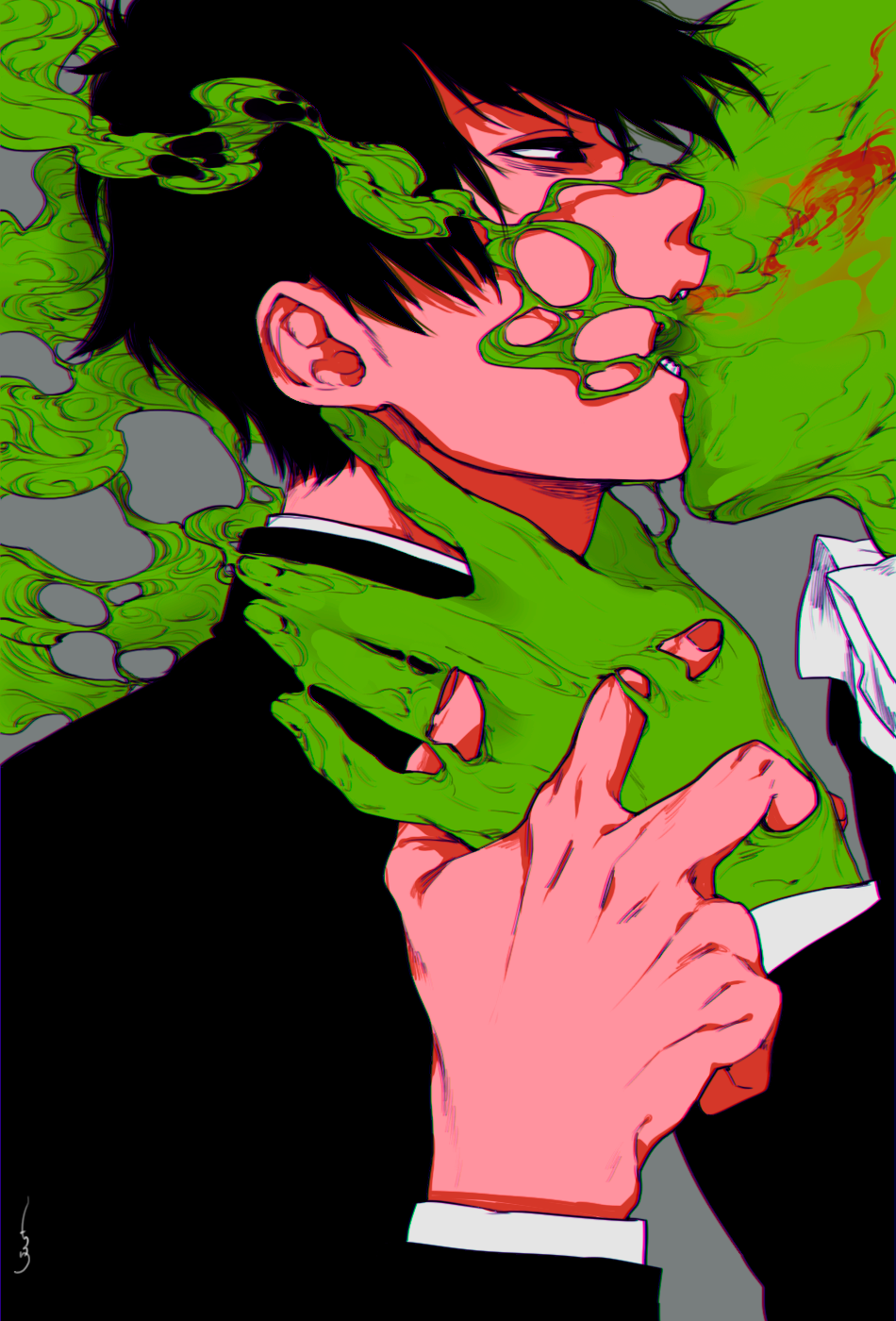 1boy, asphyxiation, biting, black_eyes, black_hair, blood, chikuwa_(dr0603), choking
