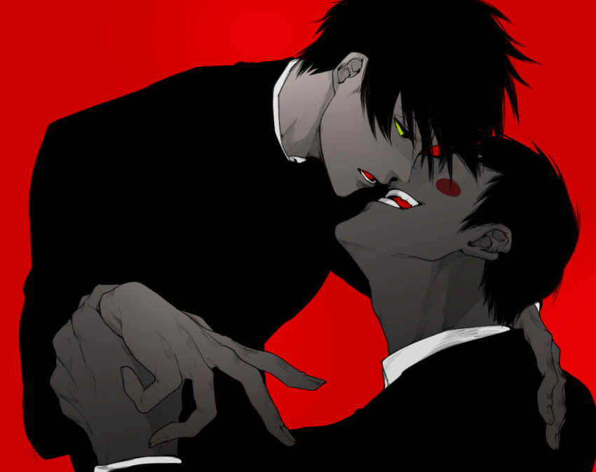 2boys, black_hair, blush_stickers, chikuwa_(dr0603), ekubo_(mob_psycho_100), face-to-face, green_sclera, hand_on_another's_shoulder