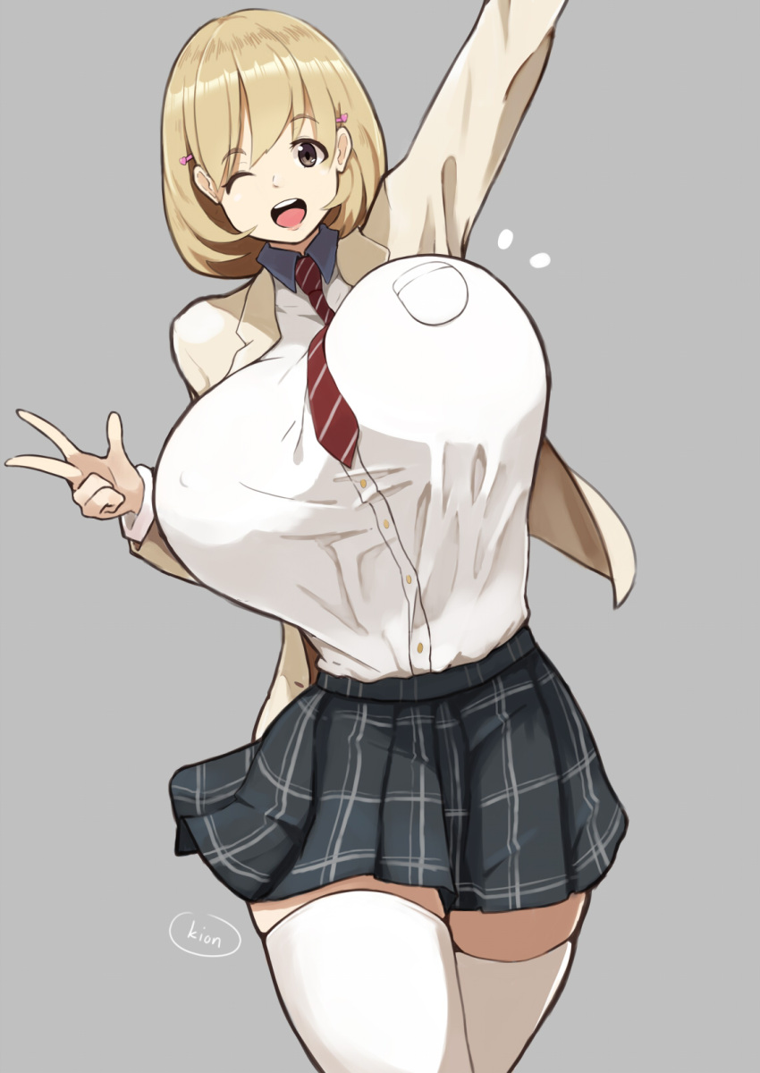 1girl, arm_up, artist_name, bouncing_breasts, breasts, brown_eyes, brown_hair, commentary