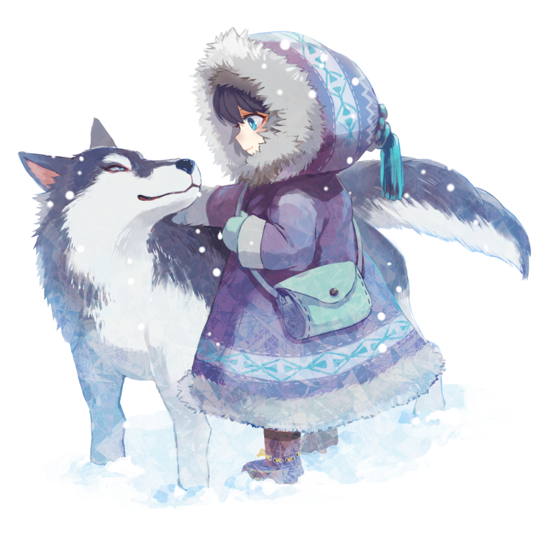 androgynous, animal, bag, bangs, blue_eyes, boots, child, closed_mouth