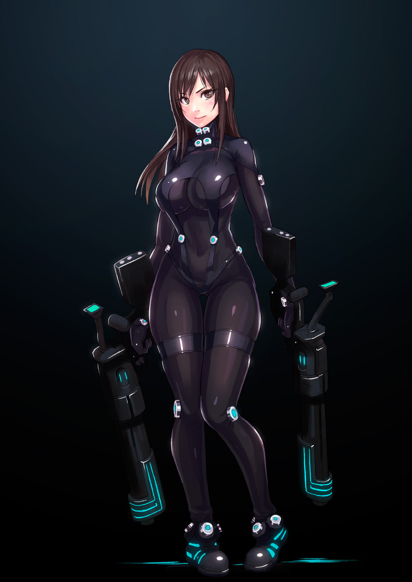 1girl, ass_visible_through_thighs, bangs, black_background, bodysuit, breasts, brown_eyes, brown_hair