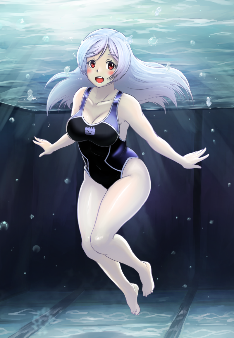 1girl, air_bubble, barefoot, black_swimsuit, blush, breasts, cleavage, competition_swimsuit