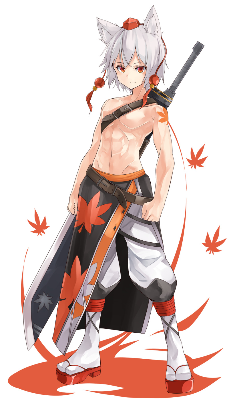 1boy, abs, animal_ears, baggy_pants, beltskirt, closed_mouth, elusya, full_body