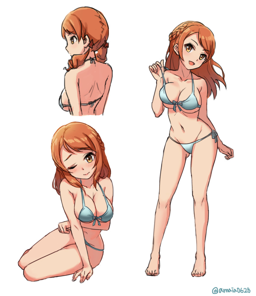 1girl, absurdres, bikini, blue_bikini, blush, braid, breast_hold, breasts