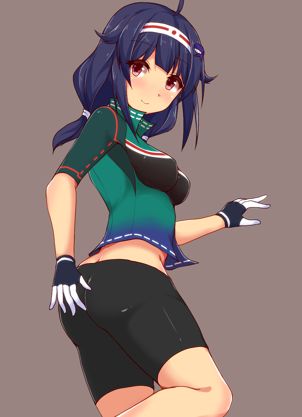 1girl, adapted_costume, ass, bike_jersey, bike_shorts, black_shorts, from_behind, gloves