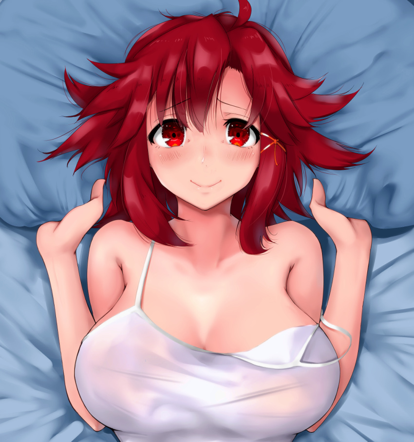1girl, bangs, bed_sheet, blush, breasts, bush, cleavage, collarbone
