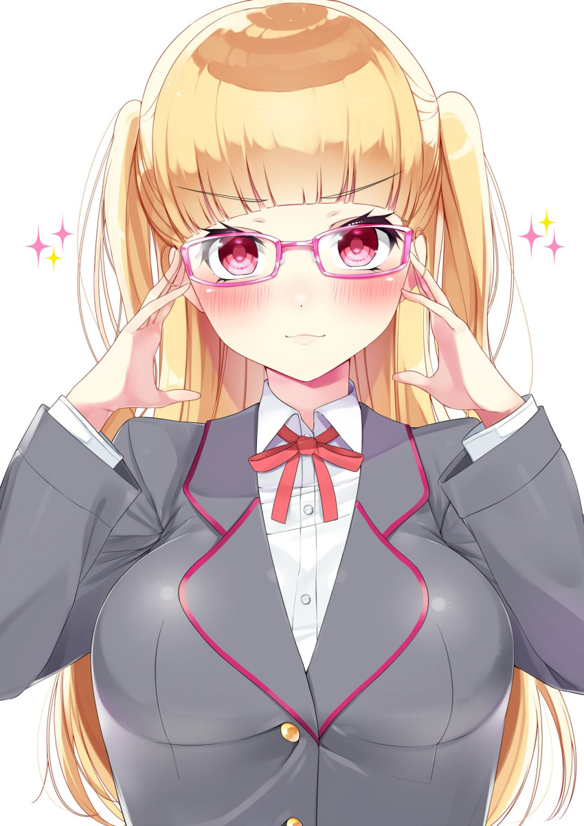1girl, adjusting_glasses, blonde_hair, blush, breasts, collared_shirt, eyebrows, eyebrows_visible_through_hair