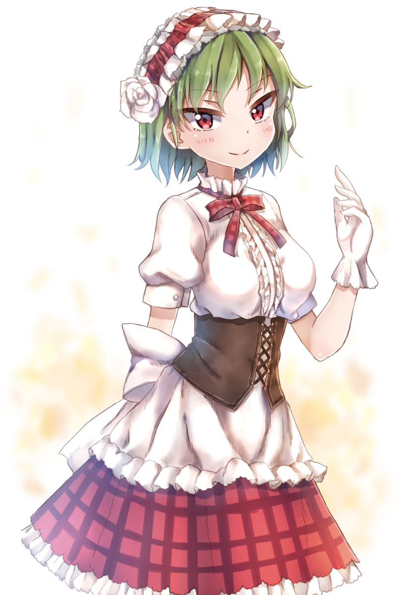 1girl, arm_behind_back, blush, collar, corset, flower, frilled_collar, frills, gloves, green_hair, hair_flower, hair_ornament, hairband, hand_up, highres, kazami_yuuka, lolita_hairband, looking_at_viewer, neck_ribbon, plaid, plaid_skirt, puffy_short_sleeves, puffy_sleeves, re-ka, red_eyes, ribbon, short_hair, short_sleeves, simple_background, skirt, smile, solo, touhou, white_background, white_gloves