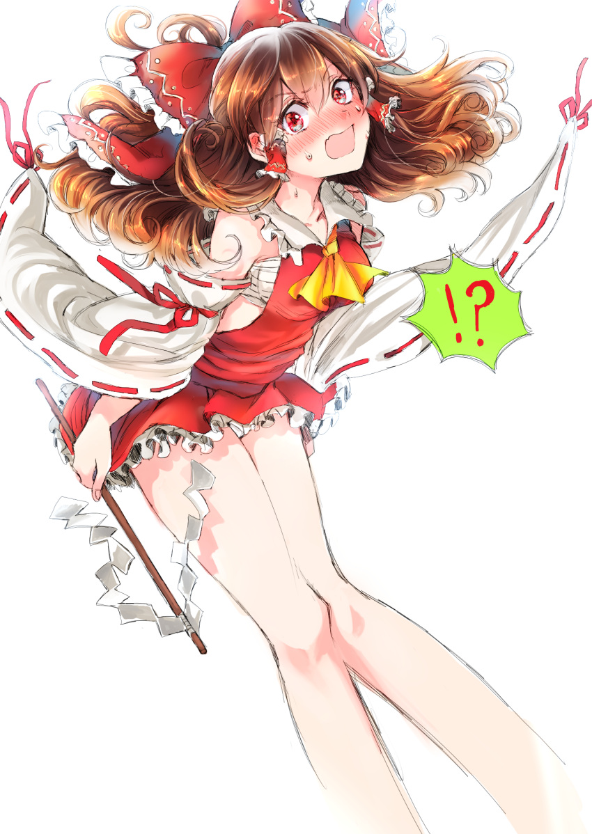 !?, 1girl, ascot, bare_legs, bare_shoulders, blush, bow, breasts