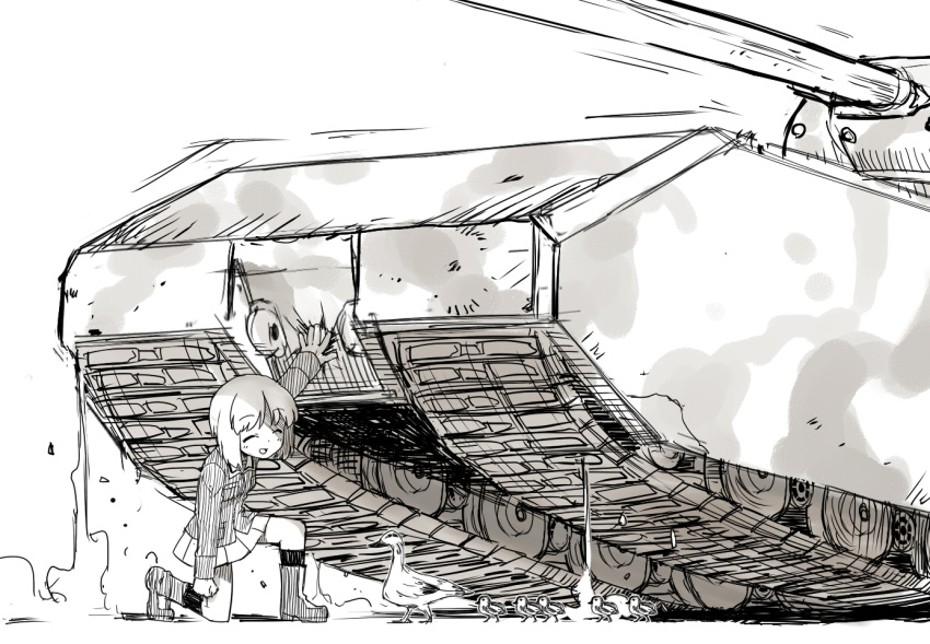 1girl, ^_^, ^o^, bird, boots, chintai_(mansyontintai), closed_eyes, commentary_request