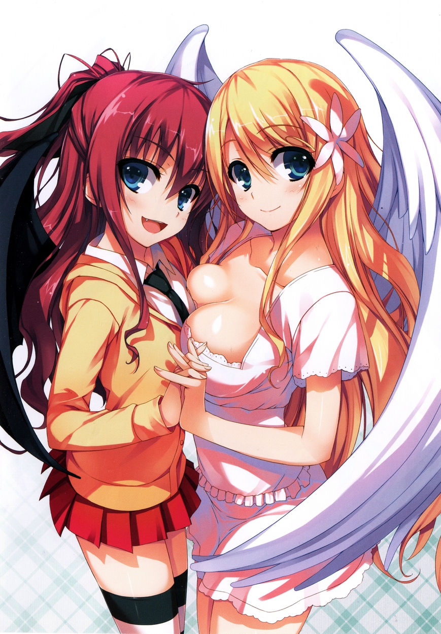 2girls, angel_and_devil, angel_wings, blonde_hair, blue_eyes, blush, breasts, cleavage