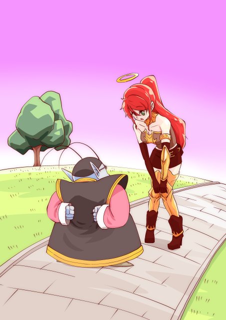 1boy, 1girl, :o, antennae, arms_behind_back, bare_shoulders, blue_skin, brick, collarbone, crossover, dragon_ball, dragon_ball_z, grass, green_eyes, halo, height_difference, knees_together_feet_apart, long_hair, meteoride, north_kaiou, ponytail, pyrrha_nikos, redhead, road, rwby, skirt, spoilers, tree