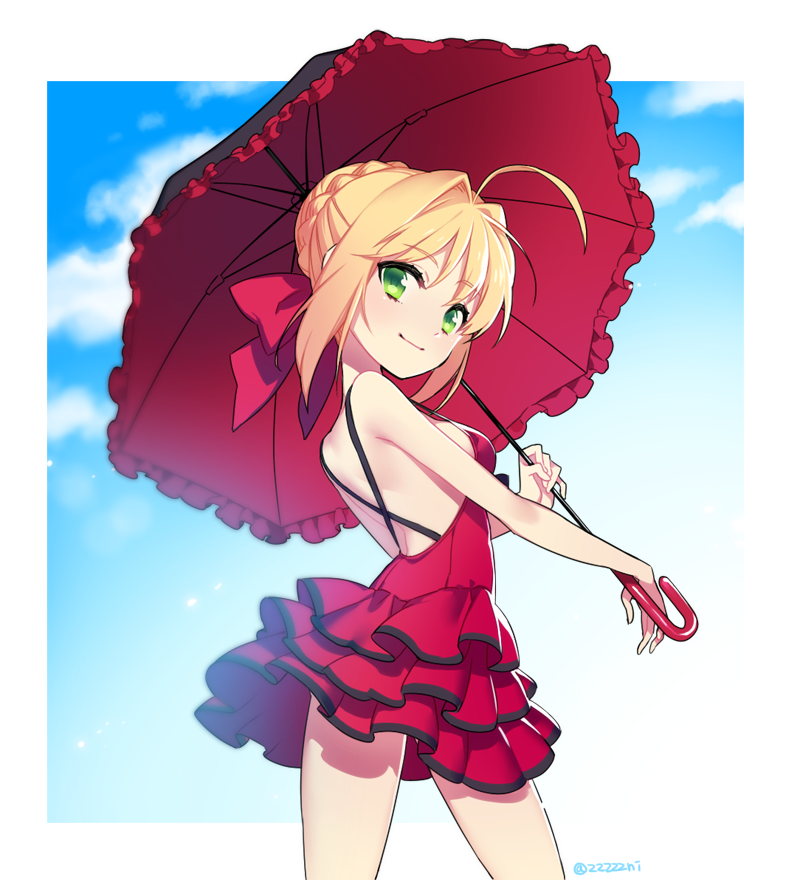 1girl, ahoge, back, blonde_hair, braid, clouds, dress, eyebrows