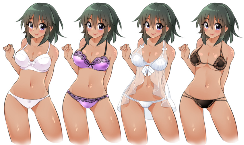 1girl, arm_behind_back, babydoll, black_bra, black_hair, black_panties, bow, bow_bra