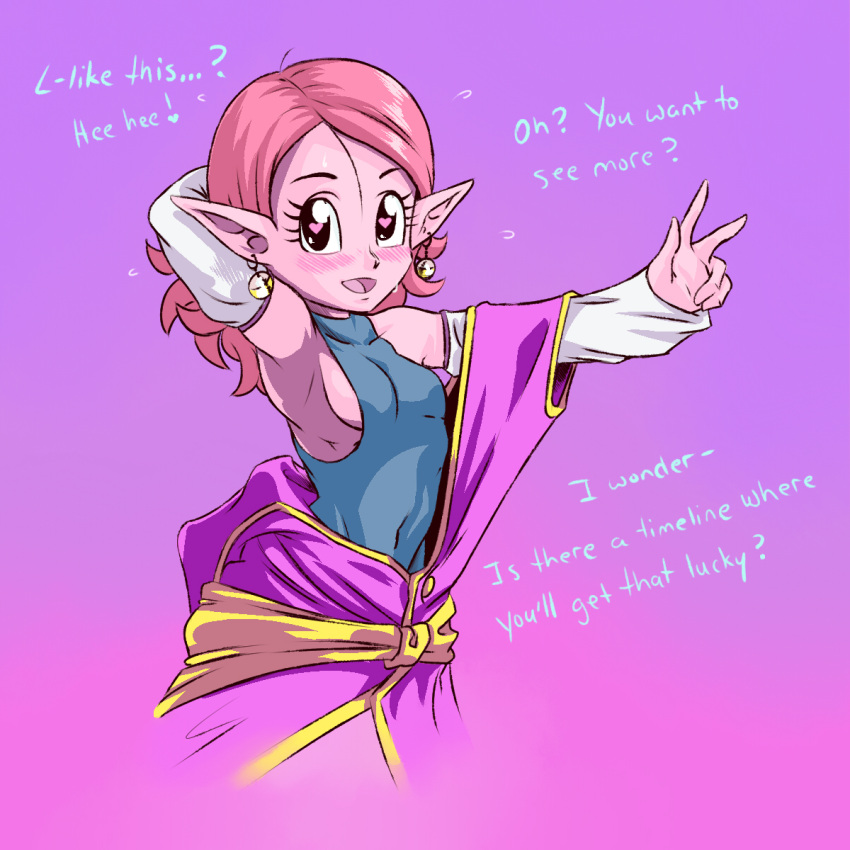 1girl, arm_behind_head, armpits, blush, breasts, detached_sleeves, dragon_ball, dragon_ball_xenoverse