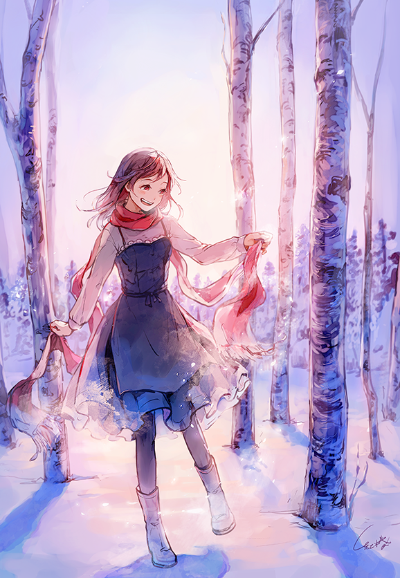 1girl, backlighting, bare_tree, blurry, blush, boots, brown_eyes, brown_hair