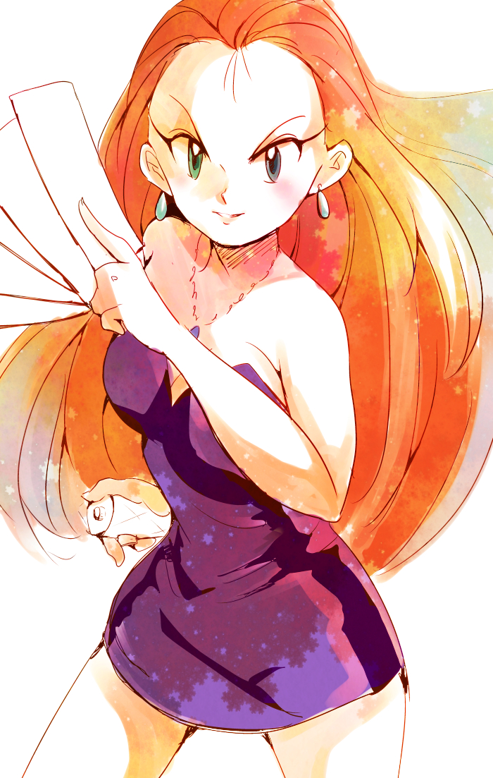 >:), 1girl, bare_shoulders, blue_eyes, blush, breasts, cleavage, cowboy_shot