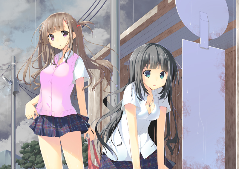2girls, bangs, black_hair, blue_eyes, blunt_bangs, breasts, brown_hair, bus_stop