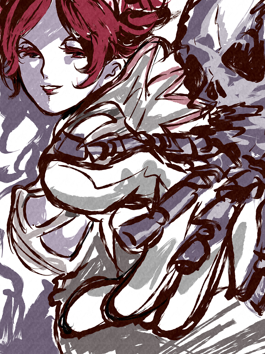 1girl, bangs, black_gloves, bone, colored_eyelashes, gloves, granblue_fantasy, grin