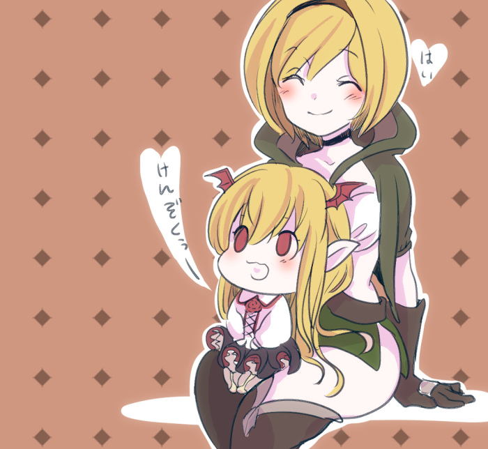 2girls, :d, ^_^, arms_behind_back, bangs, bat_wings, black_gloves, black_legwear