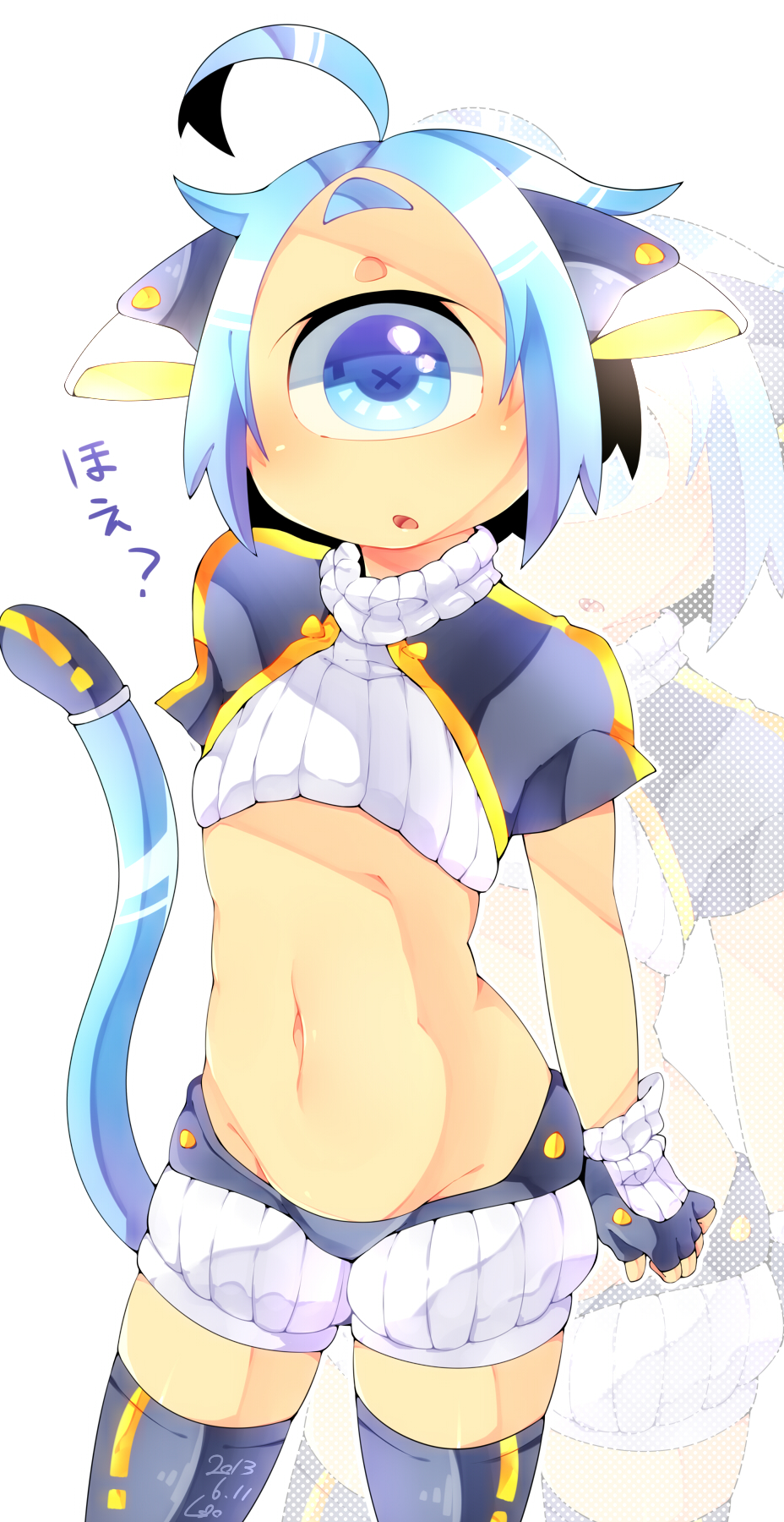 +_+, 1girl, 2013, :o, ahoge, bangs, black_legwear, blue_eyes