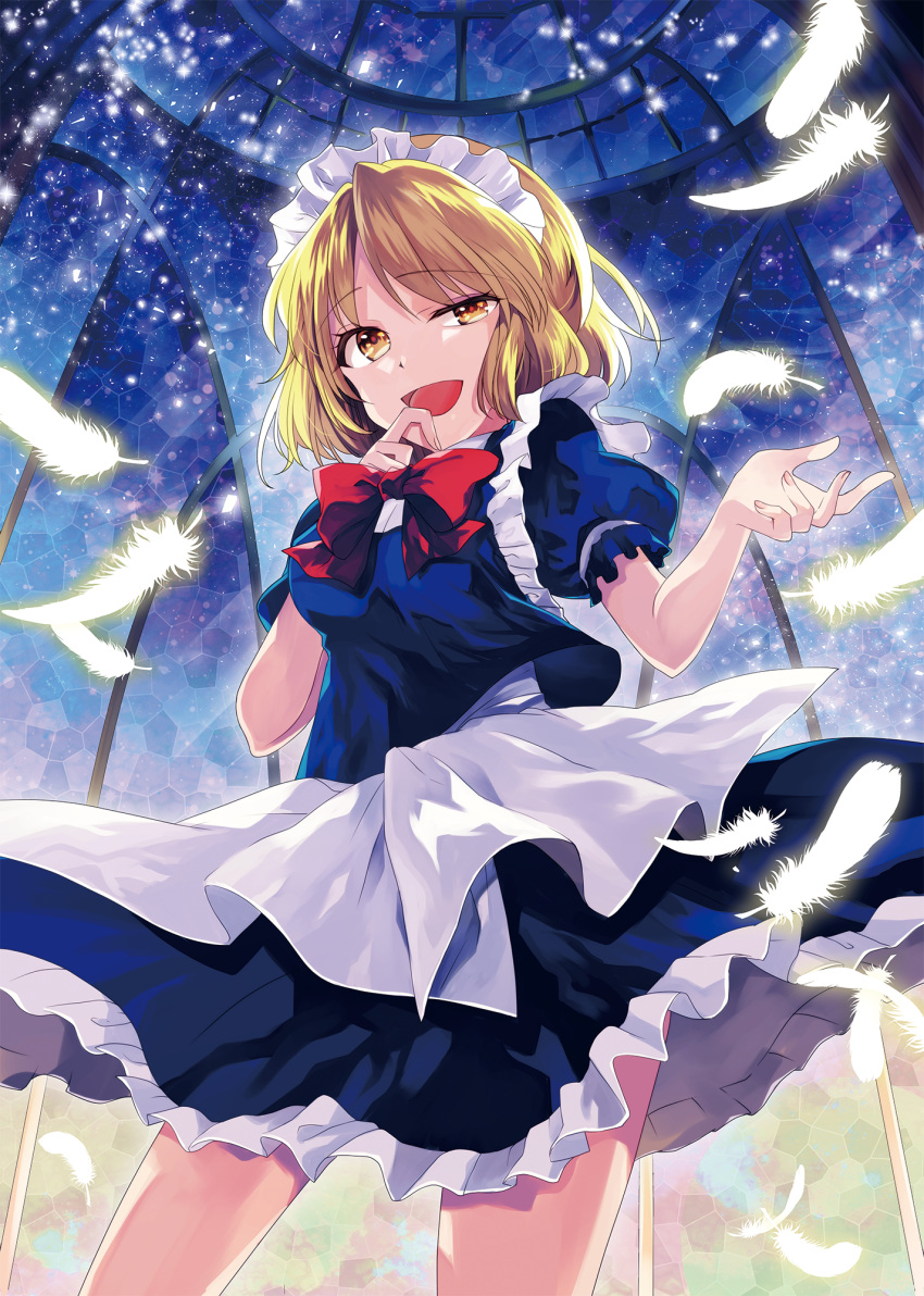 apron, blonde_hair, blue_shirt, blue_skirt, bow, bowtie, cowboy_shot, dome, eyebrows, eyebrows_visible_through_hair, feathers, frilled_skirt, frills, headdress, highres, indoors, katayama_kei, laughing, mugetsu, open_mouth, puffy_short_sleeves, puffy_sleeves, red_bow, red_bowtie, shirt, short_hair, short_sleeves, skirt, smile, touhou, touhou_(pc-98), waist_apron, white_apron, yellow_eyes
