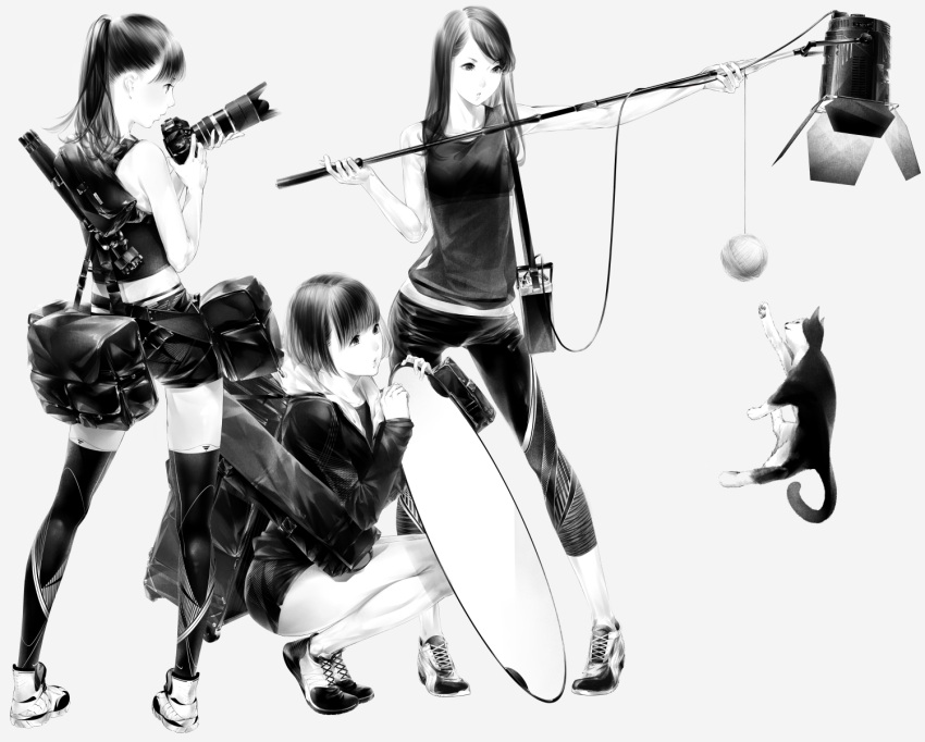 3girls, :o, animal, back, backpack, bag, bangs, bare_arms