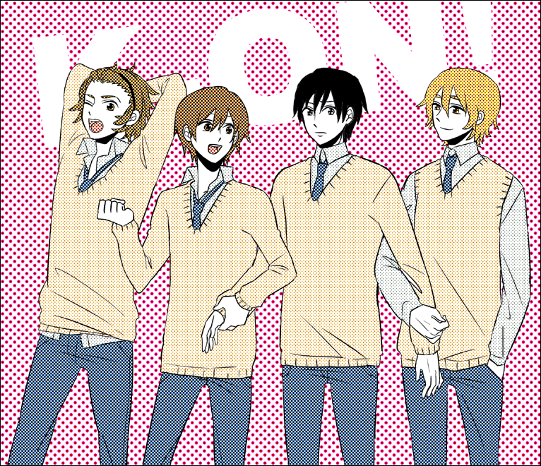 akiyama_mio, dither, dithering, genderswap, hairband, halftone, hirasawa_yui, jeans, k-on!, kotobuki_tsumugi, male, multiple_boys, necktie, school_uniform, sweater, tainaka_ritsu