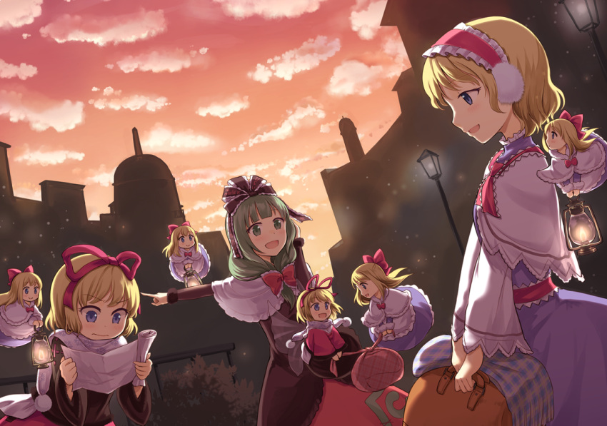 alice_margatroid, bag, blonde_hair, blue_dress, bow, bowtie, brown_shirt, capelet