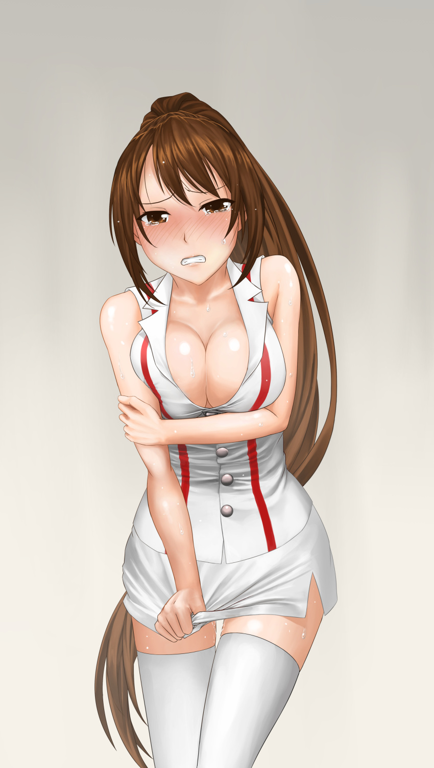 1girl, absurdres, akali, blush, breast_hold, breasts, brown_eyes, brown_hair