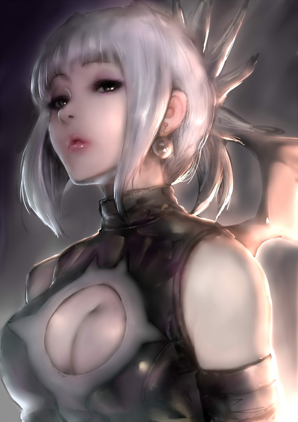 1girl, aimi_komomori, asymmetrical_sleeves, bangs, bare_shoulders, bat_wings, black_background, black_eyes
