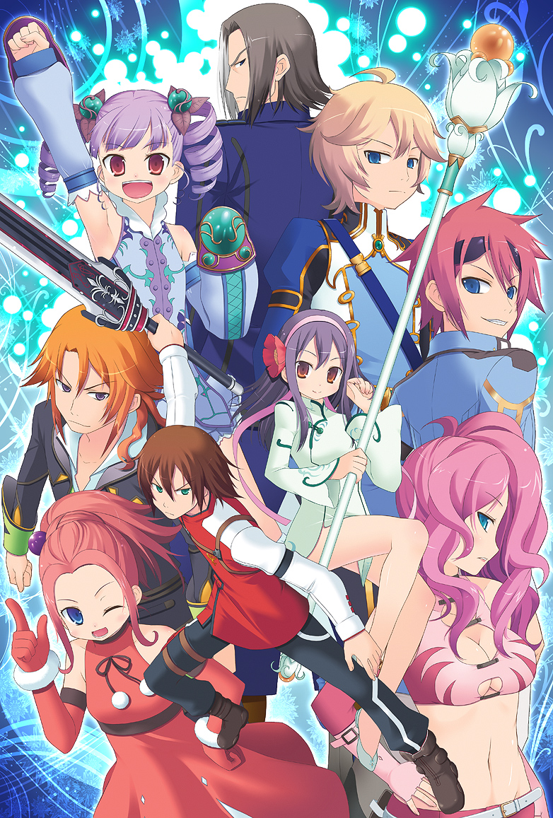 alphonse_zena_meridia, amamiya_minato, arc_rise_fantasia, breasts, cecil_garcia, cecille_garcia, character_request, cleavage, drill_hair, everyone, l'arc_bright_lagoon, l'arc_bright_lagoon, leslie_flaherty, nicole_benecsu, rasutona_oigen, ryfia, sage, staff, sword, weapon