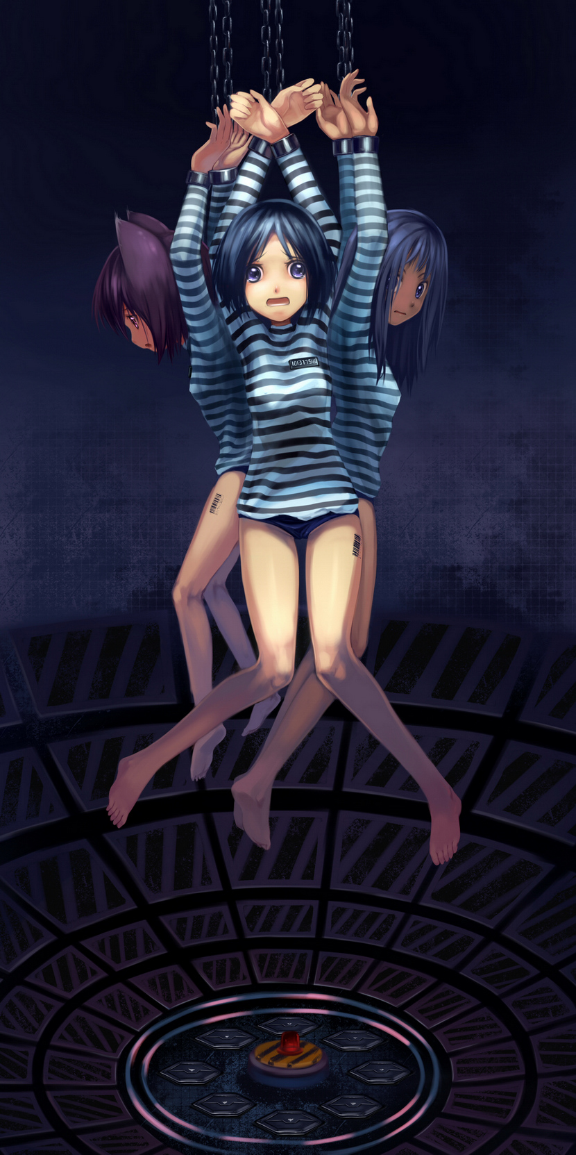 babycat, bad_id, barcode, barefoot, bdsm, blue_hair, bondage, chain, chains, child, distress, error, feet, hands, hanging, highres, jail, legs, loli, original, panties, purple_hair, short_hair, underwear, wrong_hand