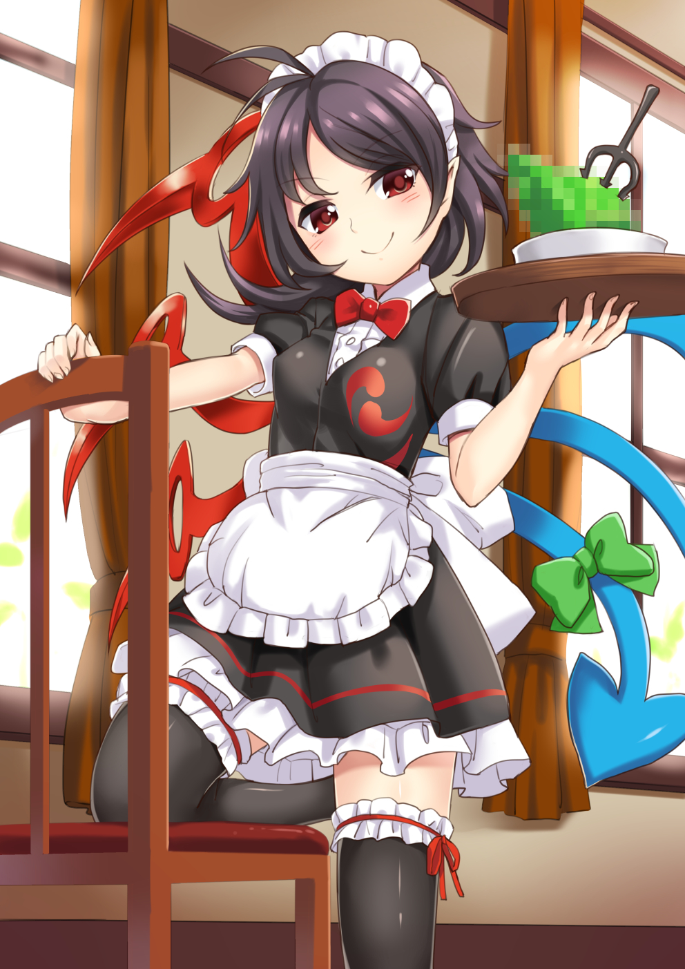1girl, abe_ranzu, alternate_costume, apron, asymmetrical_wings, black_dress, black_hair, black_legwear