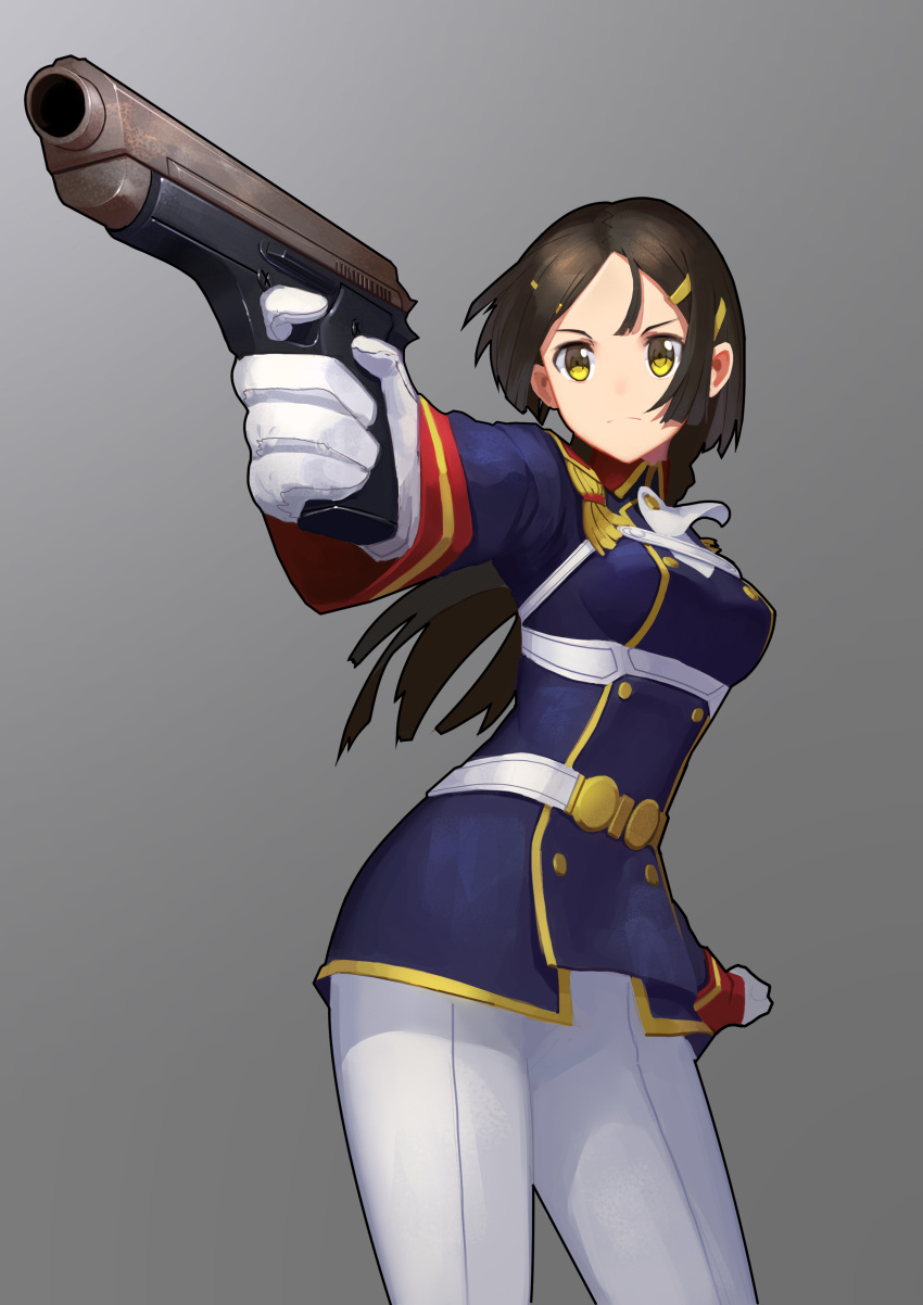 1girl, absurdres, belt, bianca_(shuumatsu_no_izetta), black_hair, finger_on_trigger, foreshortening, fps
