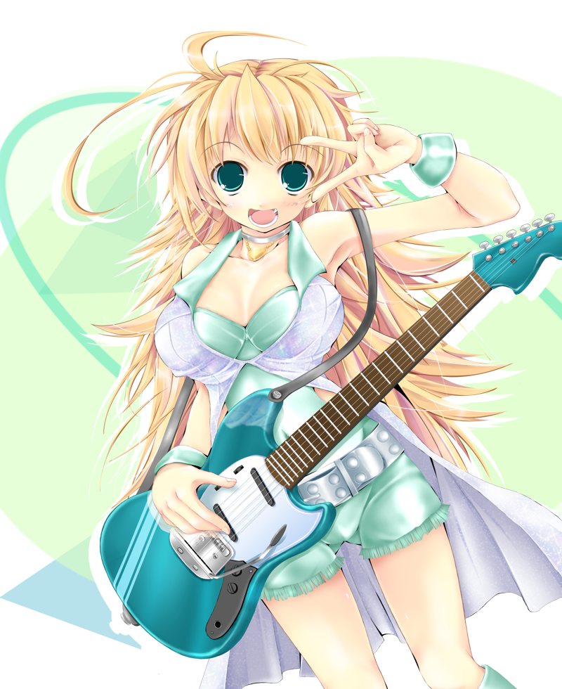 belt, blonde_hair, breasts, cleavage, cool_&amp;_sexy_(idolmaster), green_eyes, guitar, hoshii_miki