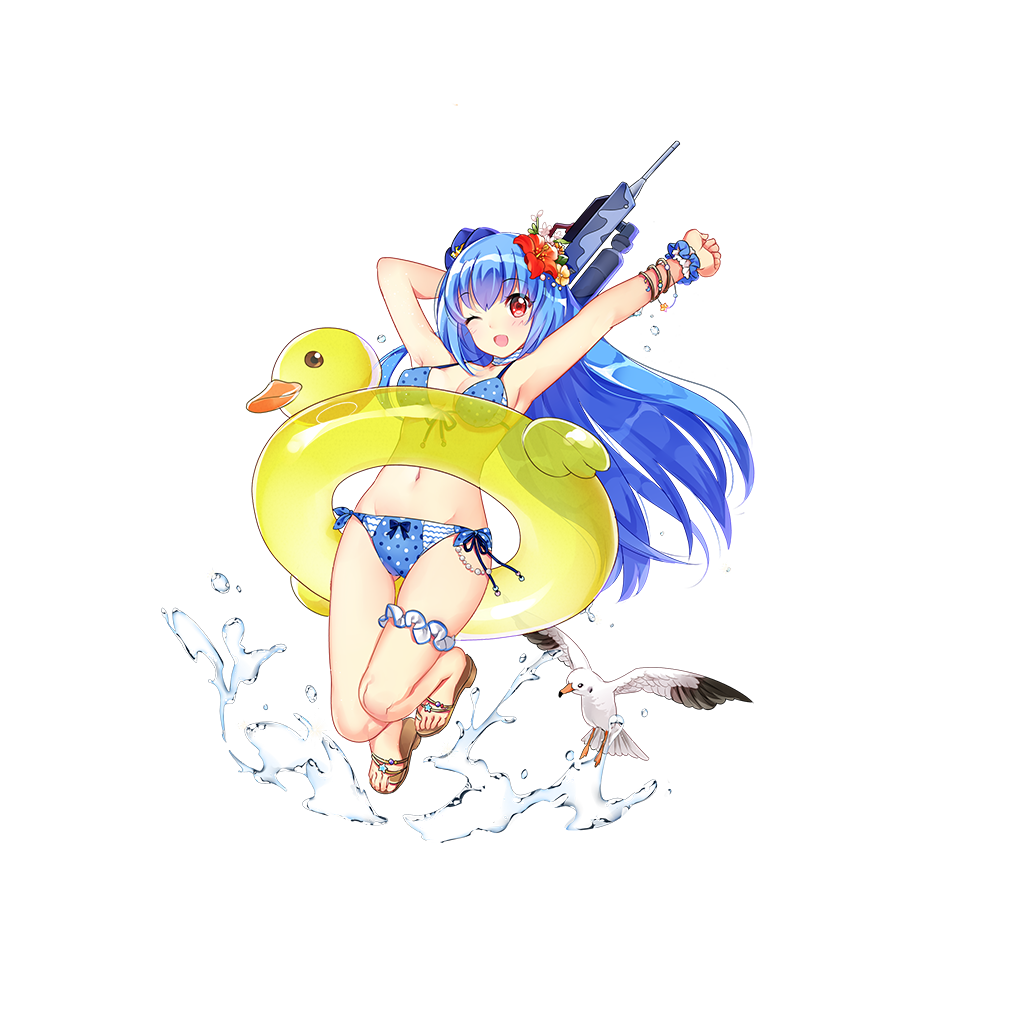 1girl, ;d, alternate_costume, armpits, arms_up, ass_visible_through_thighs, bikini, bird