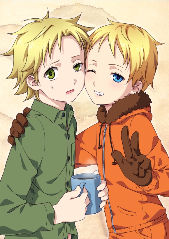 2boys, ;d, blonde_hair, coffee, kenny_mccormick, looking_at_viewer, messy_hair, mug
