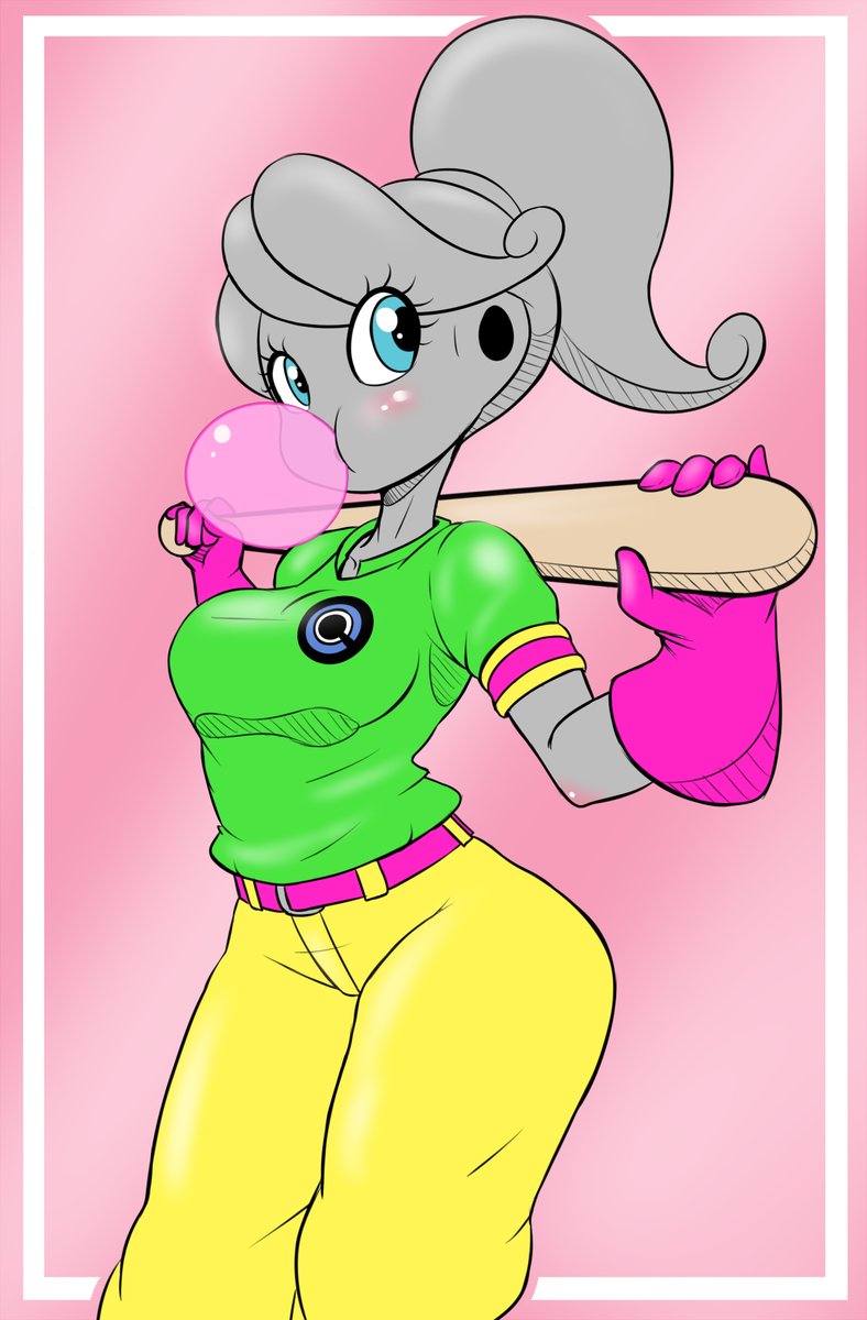 baseball_bat, baseball_uniform, blue_eyes, bubblegum, dragon_ball_xenoverse, dragon_ball_xenoverse_2, female_majin, grey_skin, puddin, simple_background, team_four_star, tfs