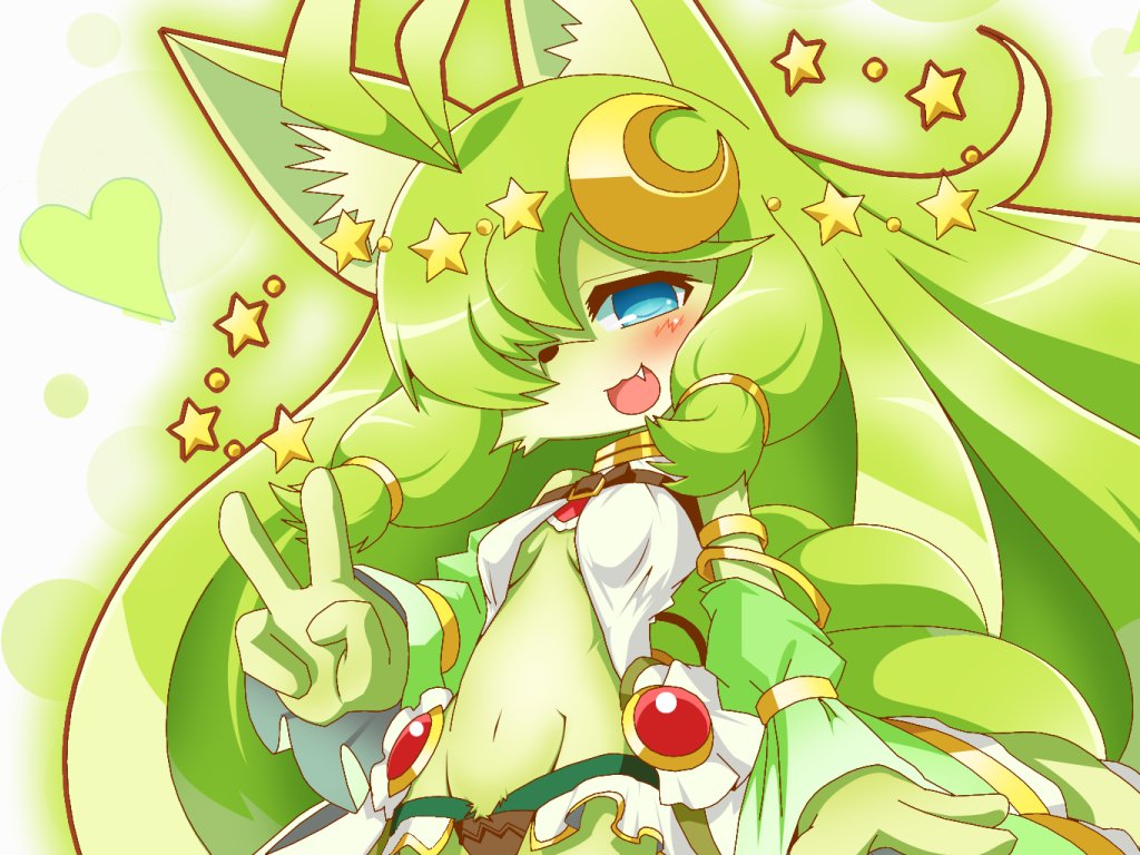 artist_request, blue_eyes, character_request, dog, fullbokko_heroes, furry, green_hair, long_hair, open_mouth, v_sign