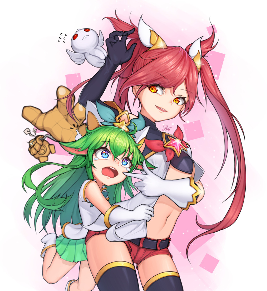 2girls, animal_ears, blitzcrank, elbow_gloves, green_hair, jinx_(league_of_legends), league_of_legends, long_hair
